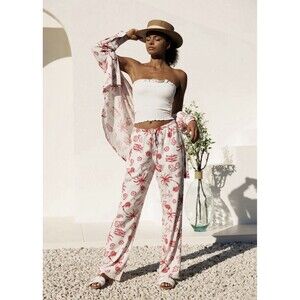 NWT Cali1850 Sea Life Linen Blend Wide Leg Beach Pants Starfish Shells Sardines